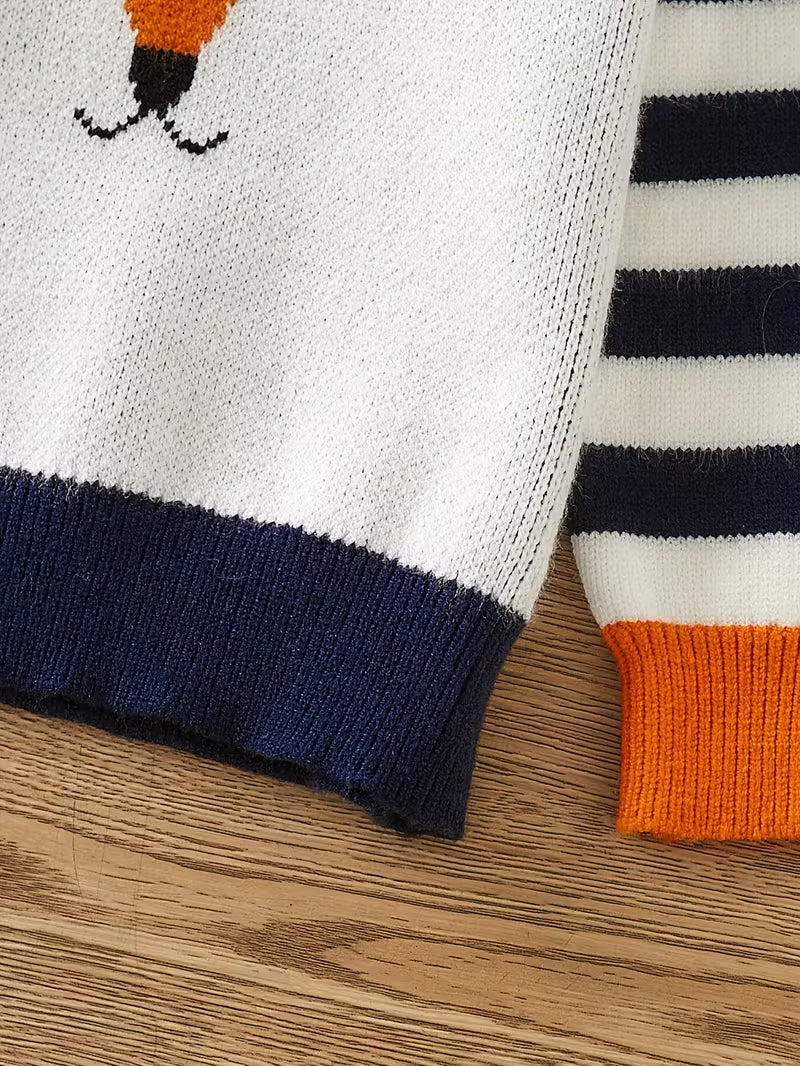 Cute striped patchwork knit sweater with fox design, long-sleeved jumper for children