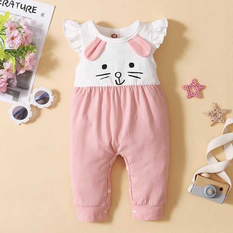 Baby Girl Cartoon Animal Pattern Ruffle Armhole Jumpsuit