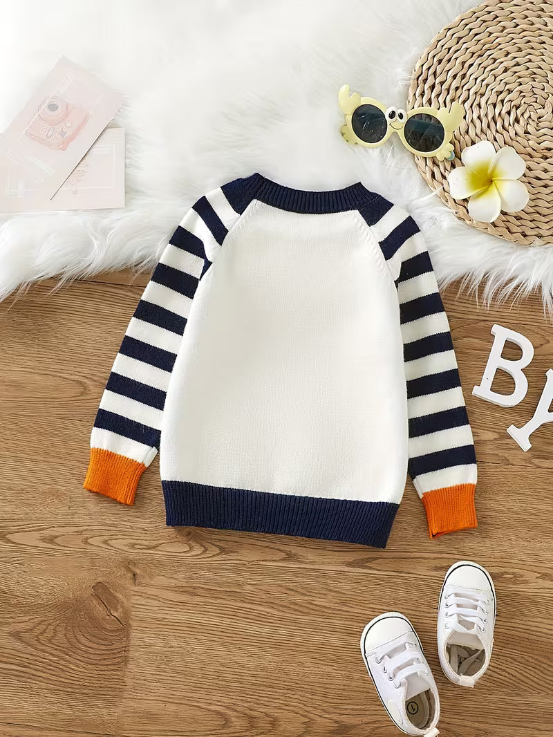 Cute striped patchwork knit sweater with fox design, long-sleeved jumper for children