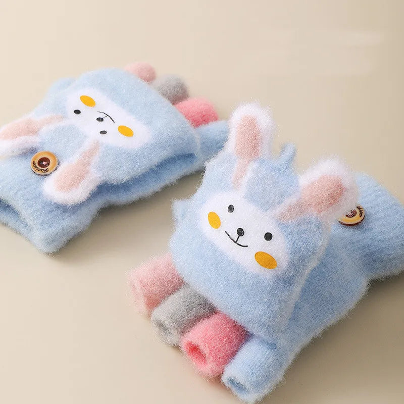 Cute Thick Gloves Winter Cartoon Rabbit Flip Half Finger Glove -H