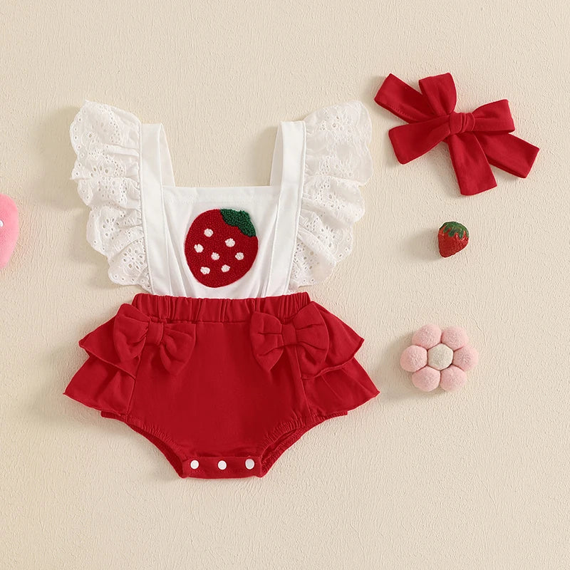 Strawberry Outfit Baby Girl Strawberry Print Bubble Romper Ruffle Bodysuit Sleeveless Overalls Jumpsuit Headband Set