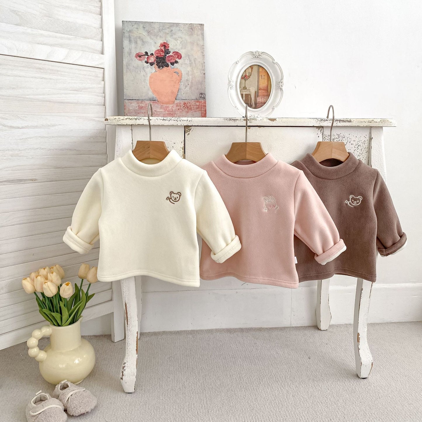 Kids Brown Fleece Turtleneck TopSoft Thermal Long Sleeve Winter Shirt