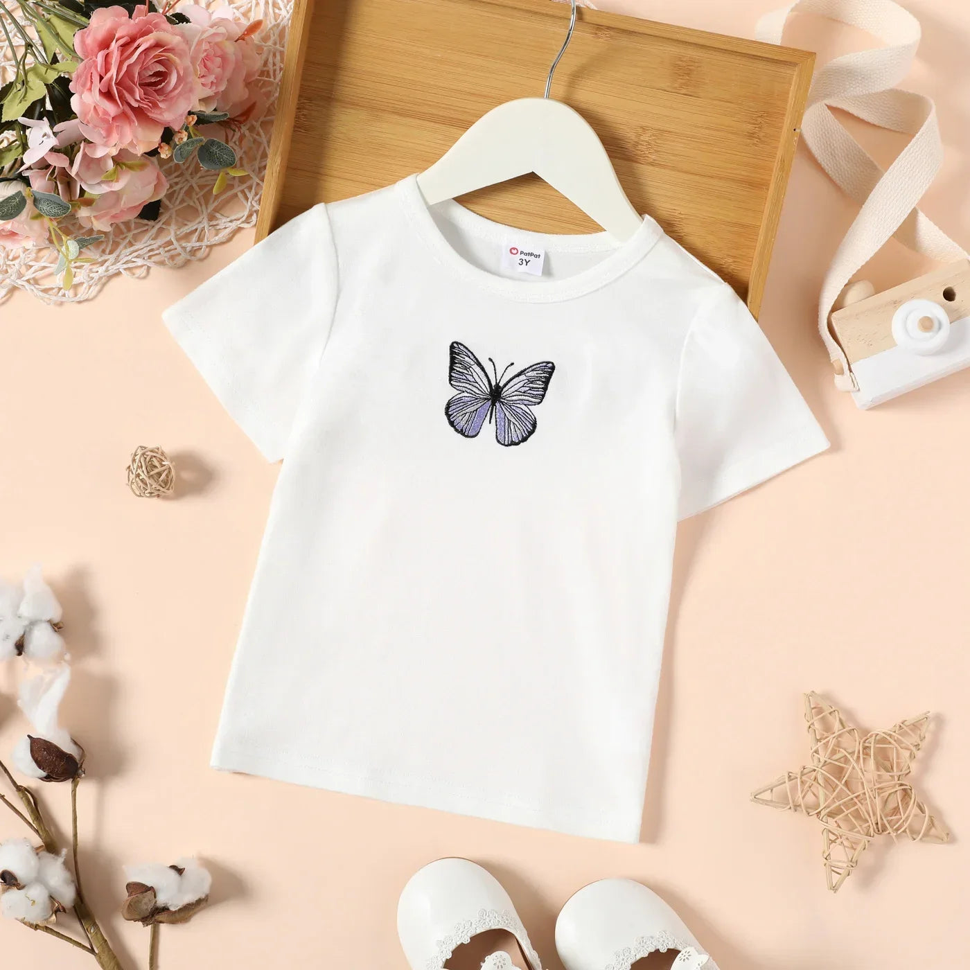 Butterfly Embroidered/Print Short-sleeve Tee Suitable for Summer Season Soft and Comfortable