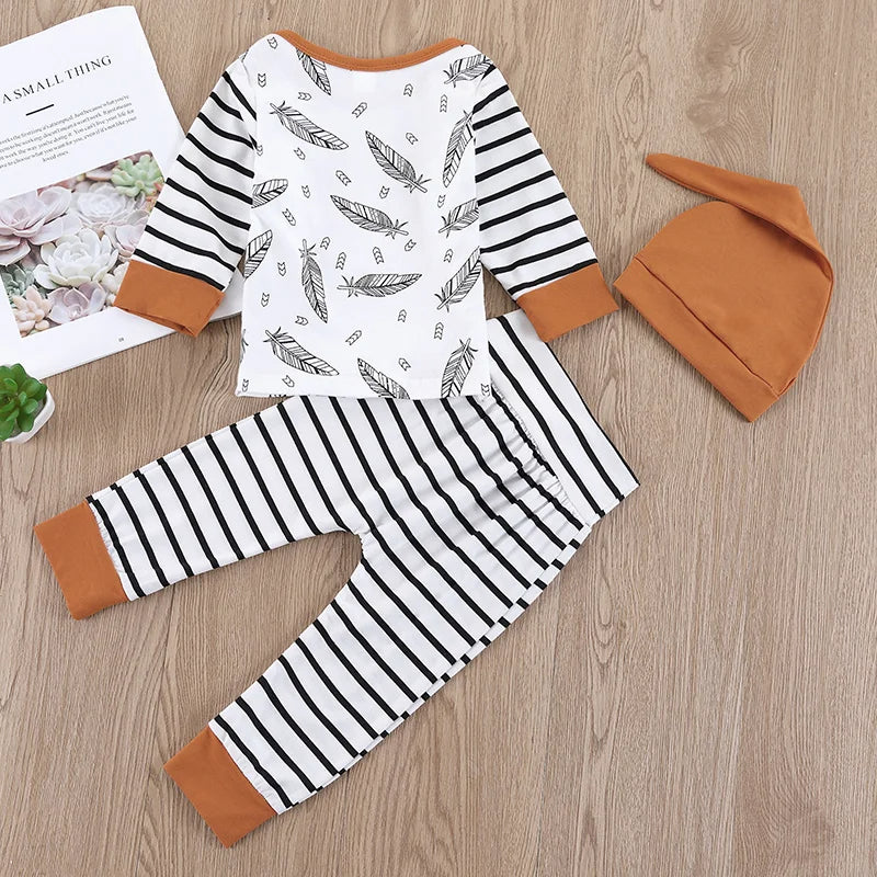 Baby Patterned Long Sleeve T-Shirt, Striped Pants and Hat 3Pcs Set
