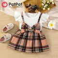 Check-print Spliced Lace Flutter-sleeve Romper with Headband Set