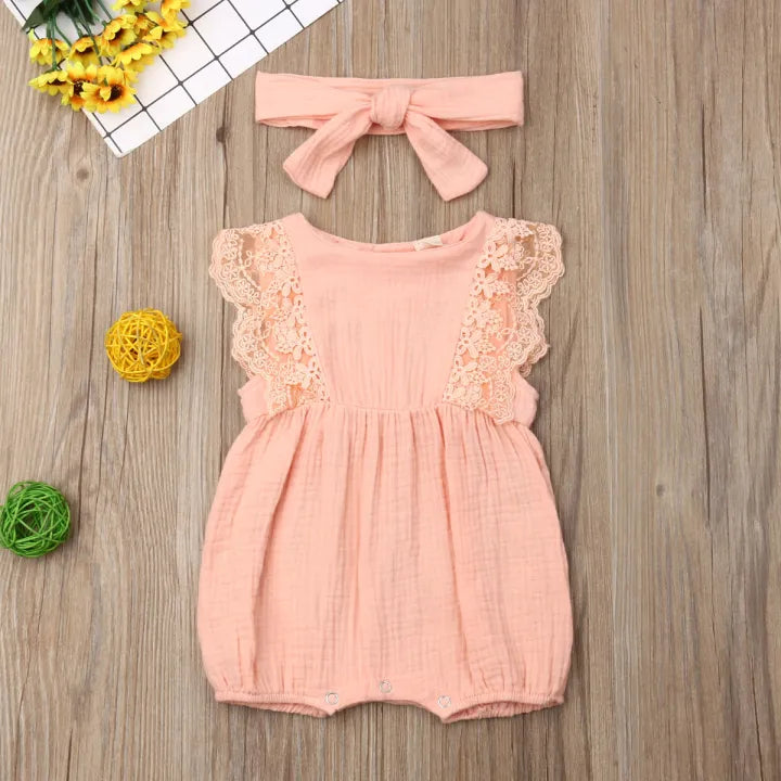 Baby Lace Striped Sleeveless Tank Romper with head band