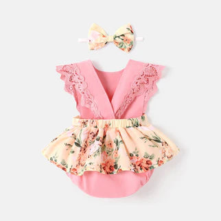 Cotton Solid & Floral-print Spliced Lace Flutter-sleeve Romper with Headband Set