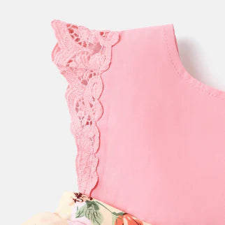 Cotton Solid & Floral-print Spliced Lace Flutter-sleeve Romper with Headband Set