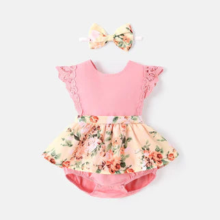 Cotton Solid & Floral-print Spliced Lace Flutter-sleeve Romper with Headband Set
