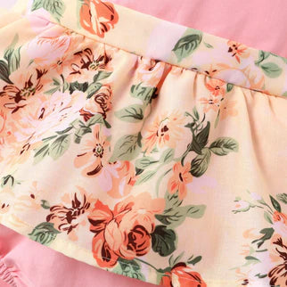 Cotton Solid & Floral-print Spliced Lace Flutter-sleeve Romper with Headband Set