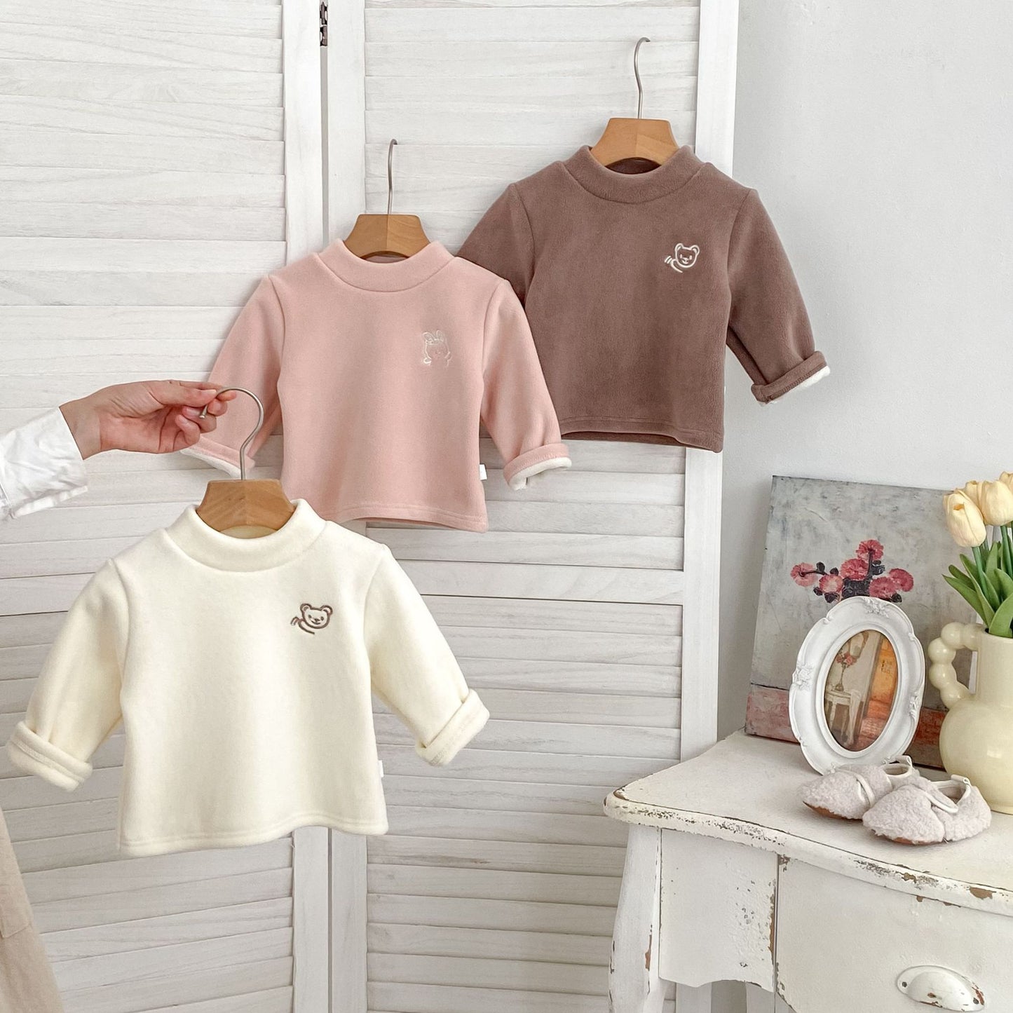 Kids Brown Fleece Turtleneck TopSoft Thermal Long Sleeve Winter Shirt