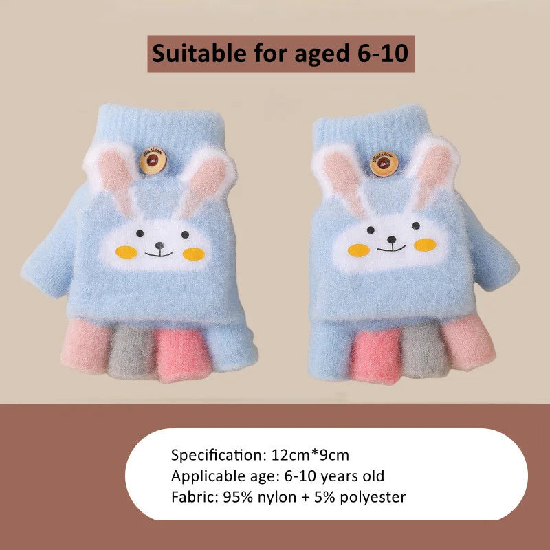 Cute Thick Gloves Winter Cartoon Rabbit Flip Half Finger Glove -H