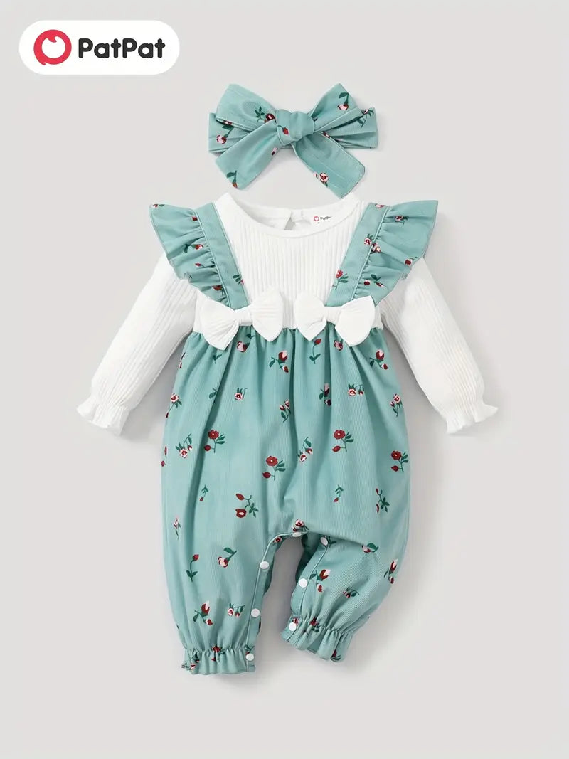 Baby Girl Sweet Broken Flower Ruffle Edge Long Sleeve Jumpsuit Set with bow
