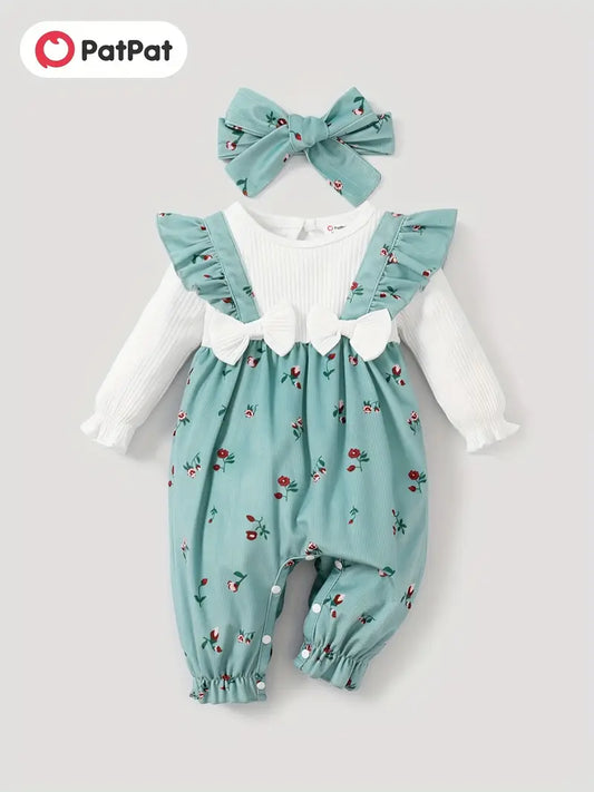 Baby Girl Sweet Broken Flower Ruffle Edge Long Sleeve Jumpsuit Set with bow