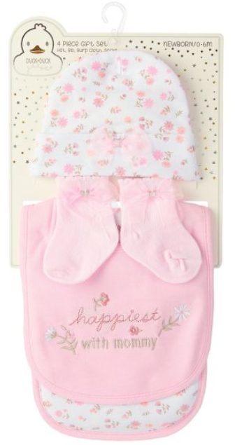 Duck Duck Goose 4-piece set Caps, Bib, Burb cloth and Socks "pink flowers"(042Lh)