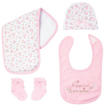 Duck Duck Goose 4-piece set Caps, Bib, Burb cloth and Socks "pink flowers"(042Lh)