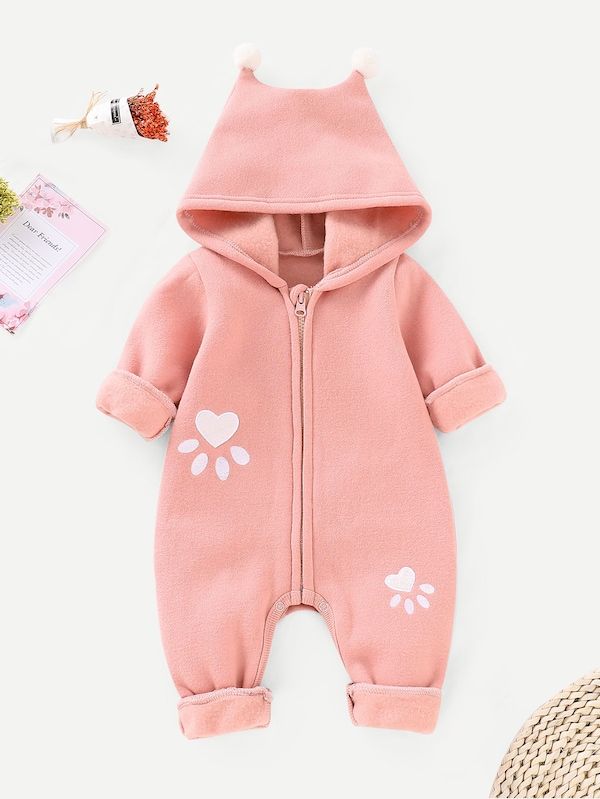 Paw Design Thermal Fleece Lined Hooded Zipper Jumpsuit