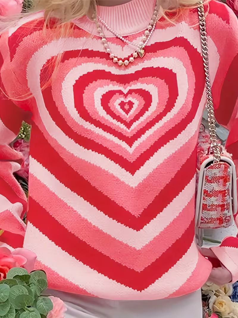 Women's Vintage-Inspired Pink Gradient Heart Knit Sweater