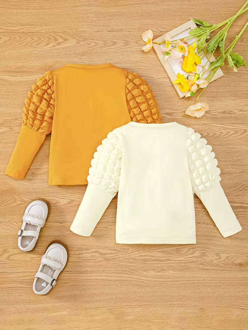 Casual T-Shirts with Bubble Sleeves and Round Neck for Girls