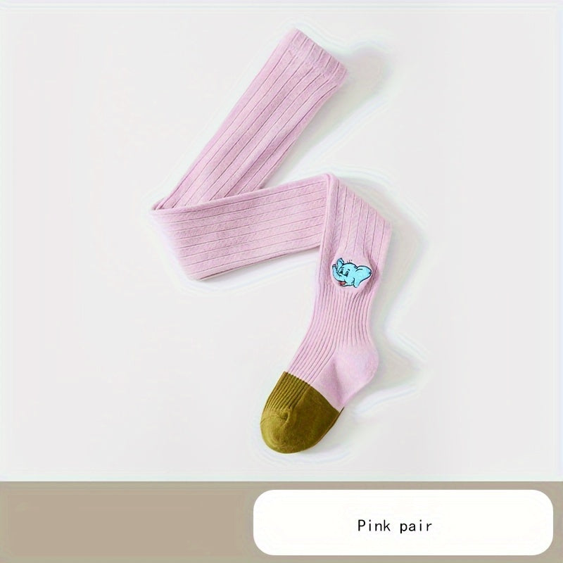 girl's embroidered elephant solid striped knee legging