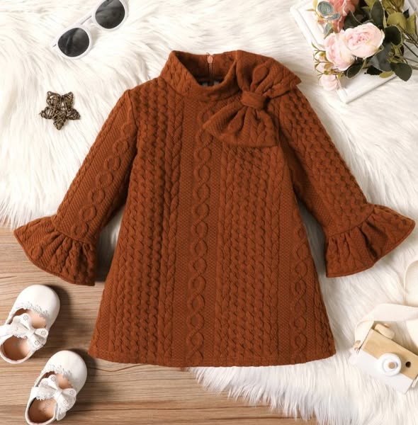 Winter Knitting Mock Neck Bell Sleeve Dress