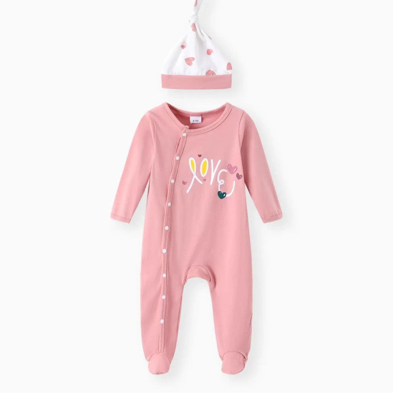 Cotton Long-sleeve Love Heart Print Footed Honey Comfort Jumpsuit with Hat