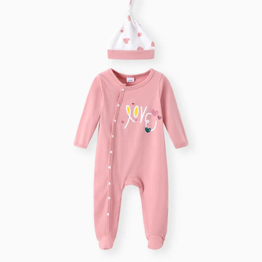 Cotton Long-sleeve Love Heart Print Footed Honey Comfort Jumpsuit with Hat