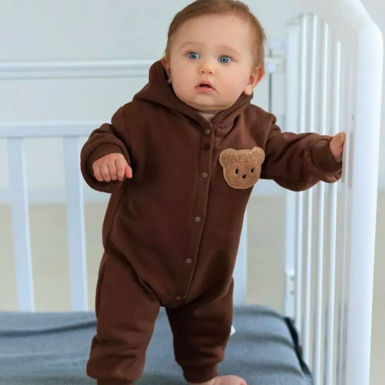 Baby Boy Autumn/Winter Jumpsuit with Bear Patch, Warm and Thick Romper with Pants, Suitable for 0-24 Months, Ideal for Outdoor Use