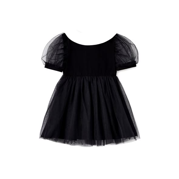 Baby Girl Dobby Mesh Panel Flounce short Sleeve Dress
