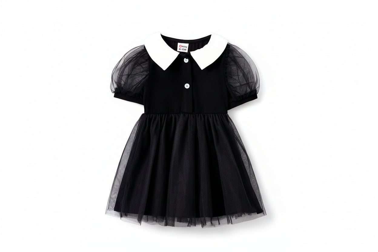 Baby Girl Dobby Mesh Panel Flounce short Sleeve Dress