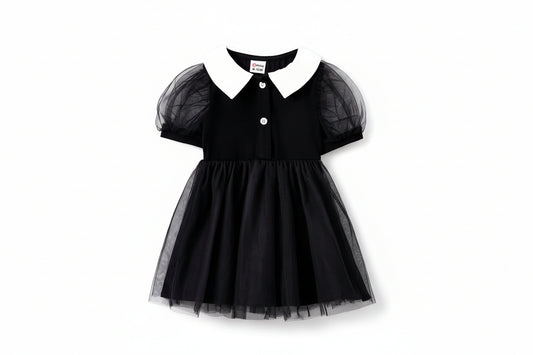 Baby Girl Dobby Mesh Panel Flounce short Sleeve Dress