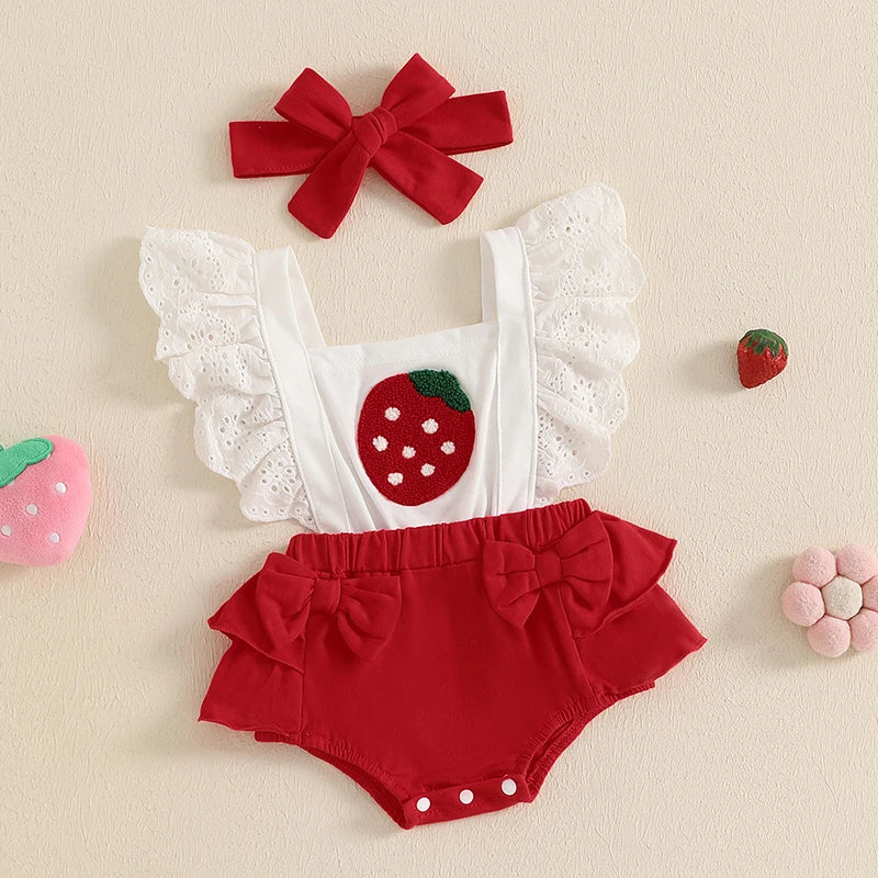 Strawberry Outfit Baby Girl Strawberry Print Bubble Romper Ruffle Bodysuit Sleeveless Overalls Jumpsuit Headband Set