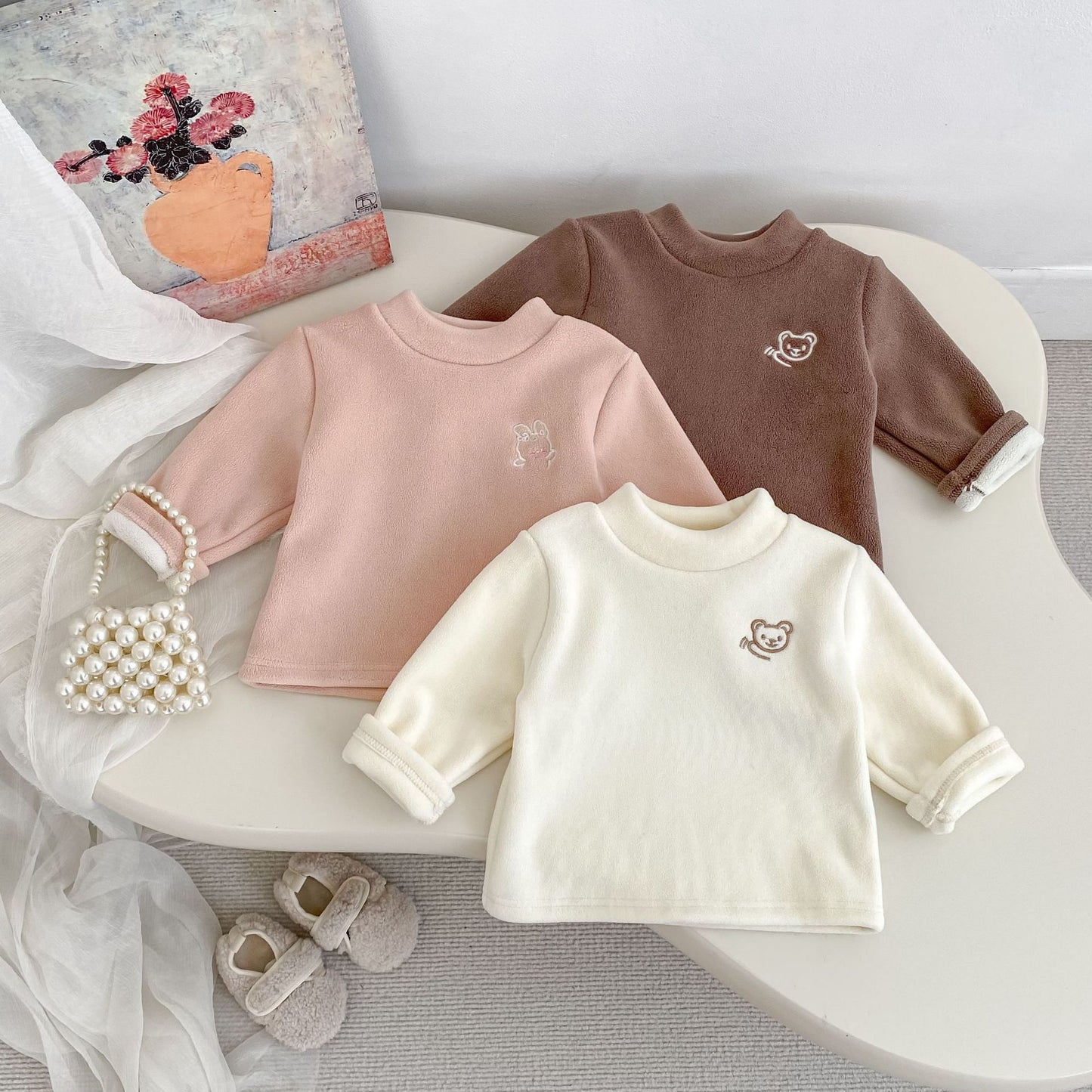 Kids Brown Fleece Turtleneck TopSoft Thermal Long Sleeve Winter Shirt