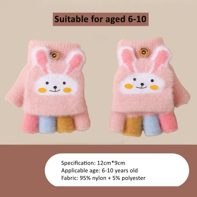 Cute Thick Gloves Winter Cartoon Rabbit Flip Half Finger Glove -H