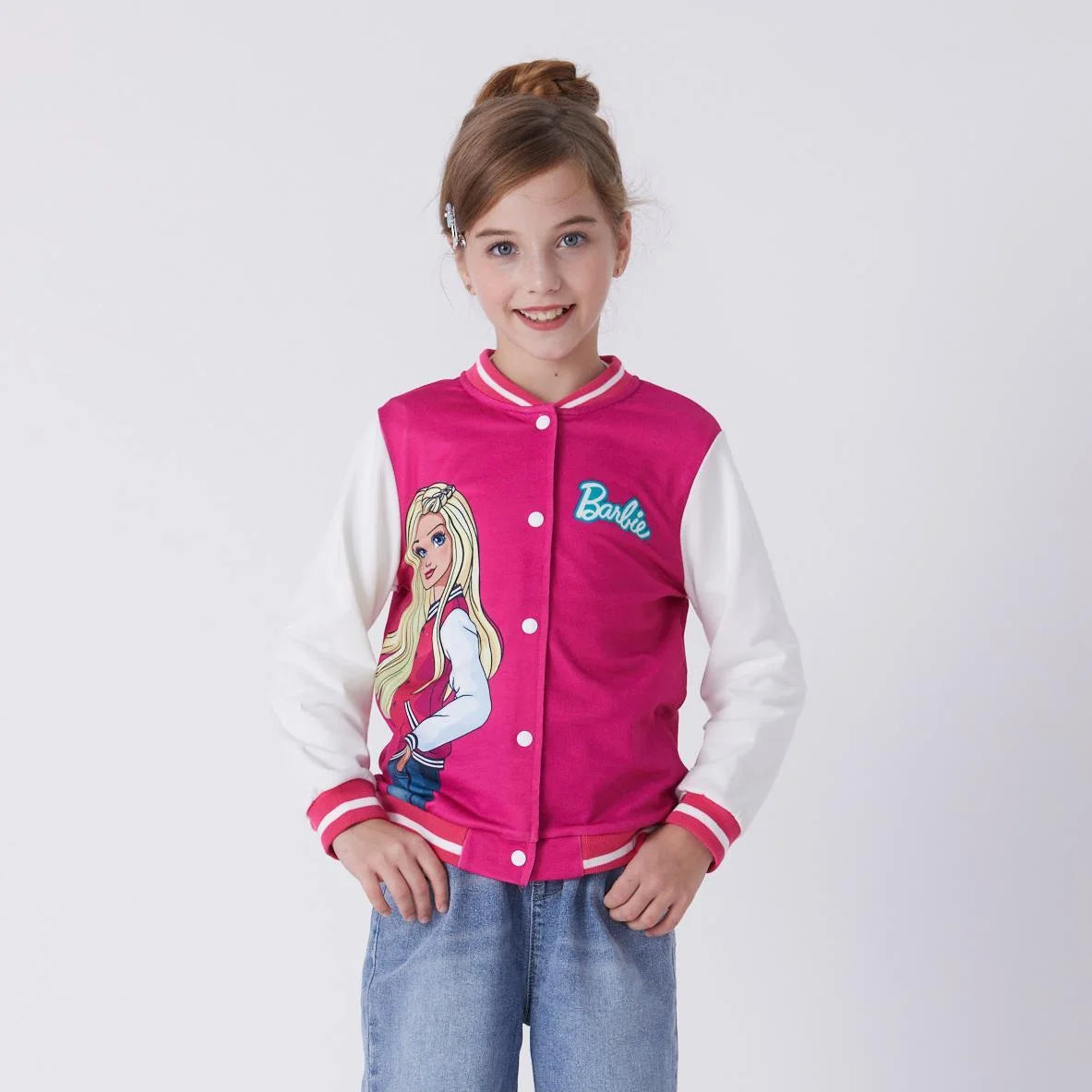 Barbie Girls Bomber Jacket Graphic and Letter Print Colorblock Lightweight Varsity Jacket