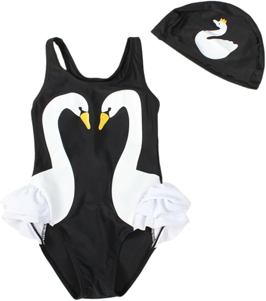 Baby Girls One Piece Swan Swimsuits Ruffle Bathing Suit Beachwear