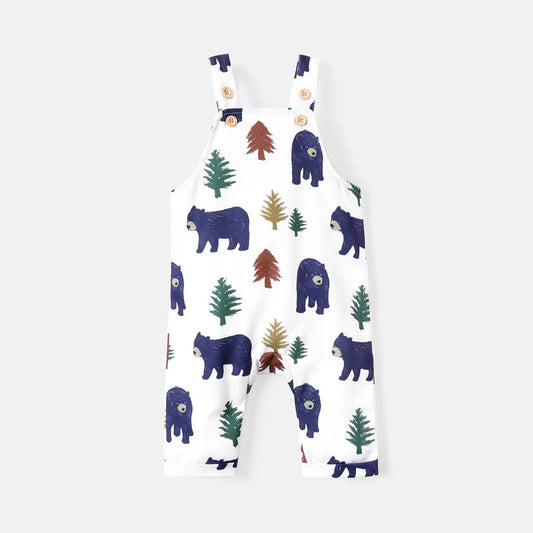 Animal Bear Graphic And Tree Print Sleeveless Overalls Jumpsuit