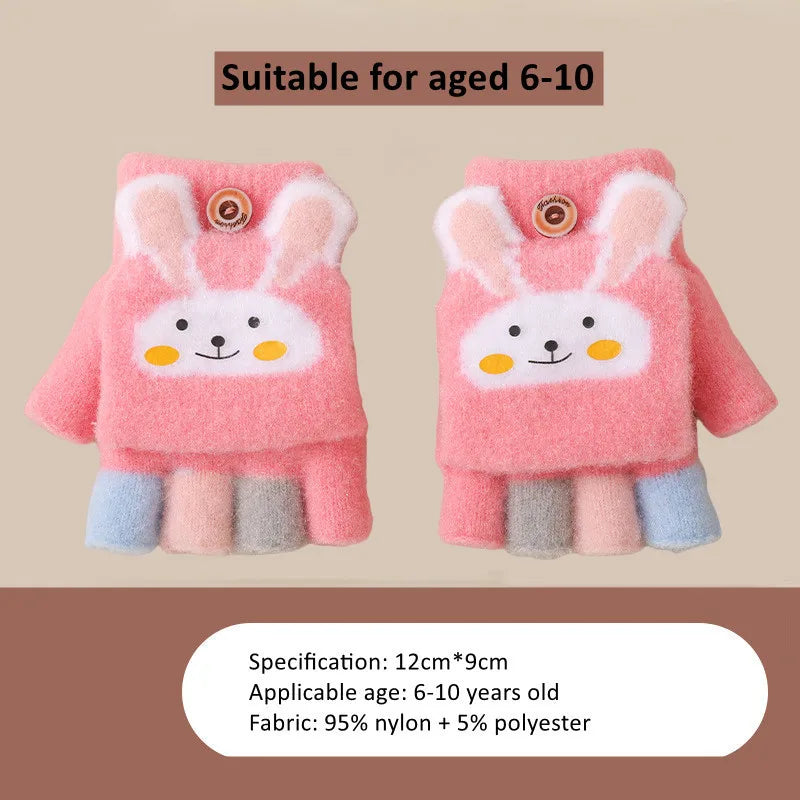 Cute Thick Gloves Winter Cartoon Rabbit Flip Half Finger Glove -H