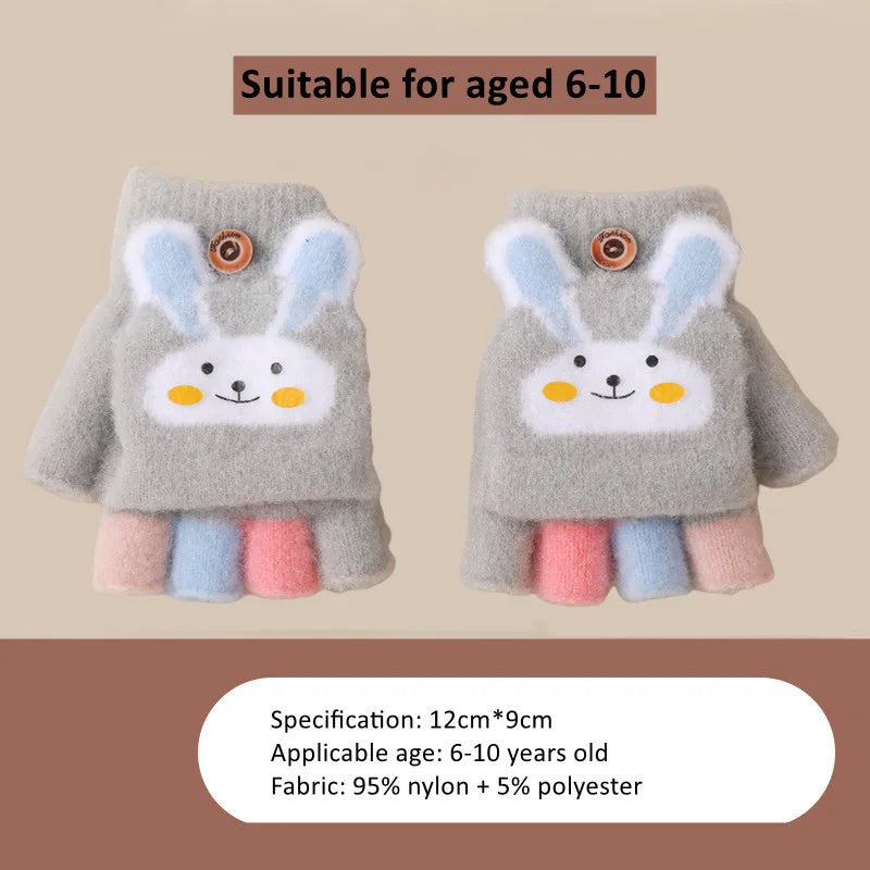 Cute Thick Gloves Winter Cartoon Rabbit Flip Half Finger Glove -H
