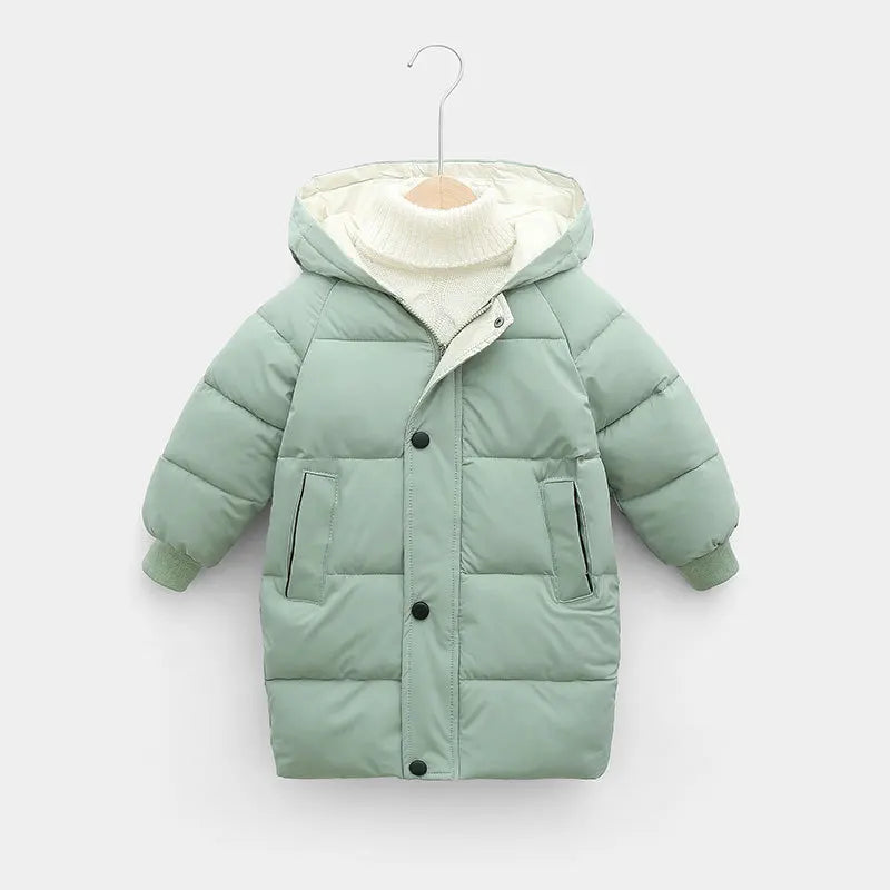 Kids Sage Green Hooded Puffer Jacket – Quilted Winter Coat with Snap Button Front