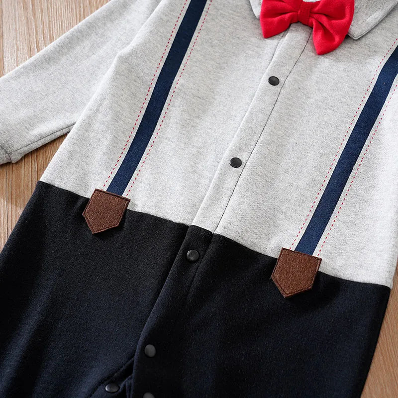 Boy Jumpsuit Fashionable Gentleman Red Tie Suspender