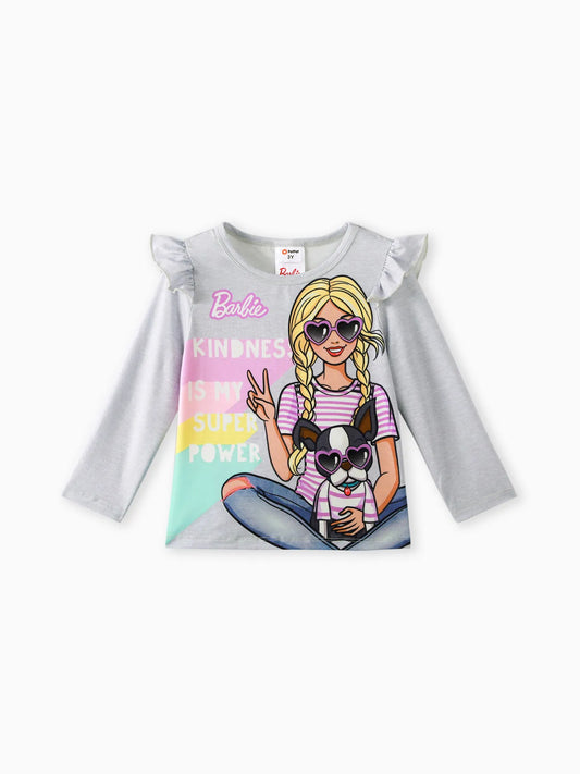Girls’ Barbie “Kindness Is My Super Power” Ruffle-Shoulder Long Sleeve Graphic Top