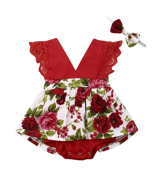 Cotton Solid & Floral-print Spliced Lace Flutter-sleeve Romper with Headband Set