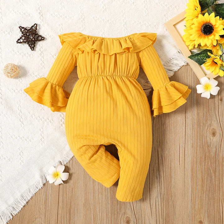 Girl Solid Ribbed Off Shoulder Ruffle Bell Sleeve Jumpsuit