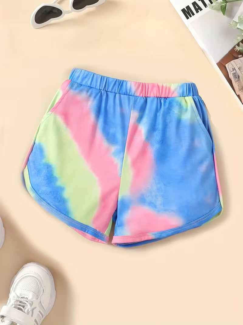 Girls Fashion Casual Shorts Tie Dye Graphic Floral & Butterfly Print Short Bottoms