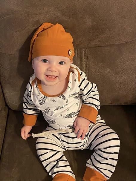 Baby Patterned Long Sleeve T-Shirt, Striped Pants and Hat 3Pcs Set