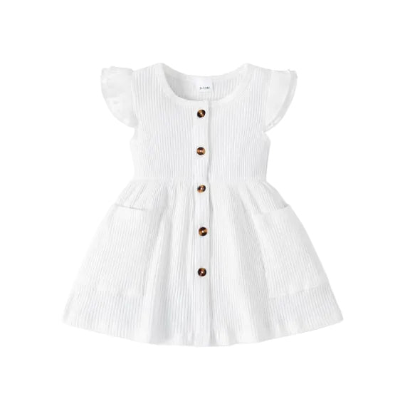 Baby Girl White Button Front Solid Rib Knit Ruffle Trim Tank Dress