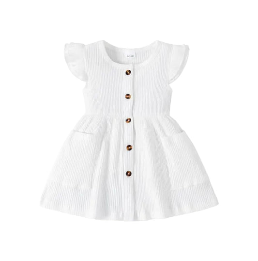 Baby Girl White Button Front Solid Rib Knit Ruffle Trim Tank Dress