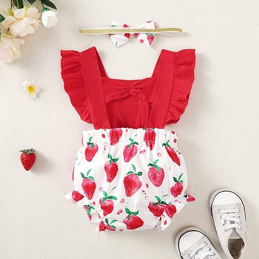 Baby Girls Strawberry Print Ruffle Romper with Matching Headband