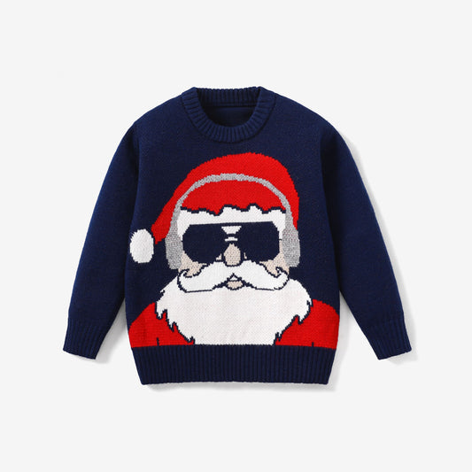 Cool Sunglasses Santa Knit Sweater – Kids Navy Christmas Jumper